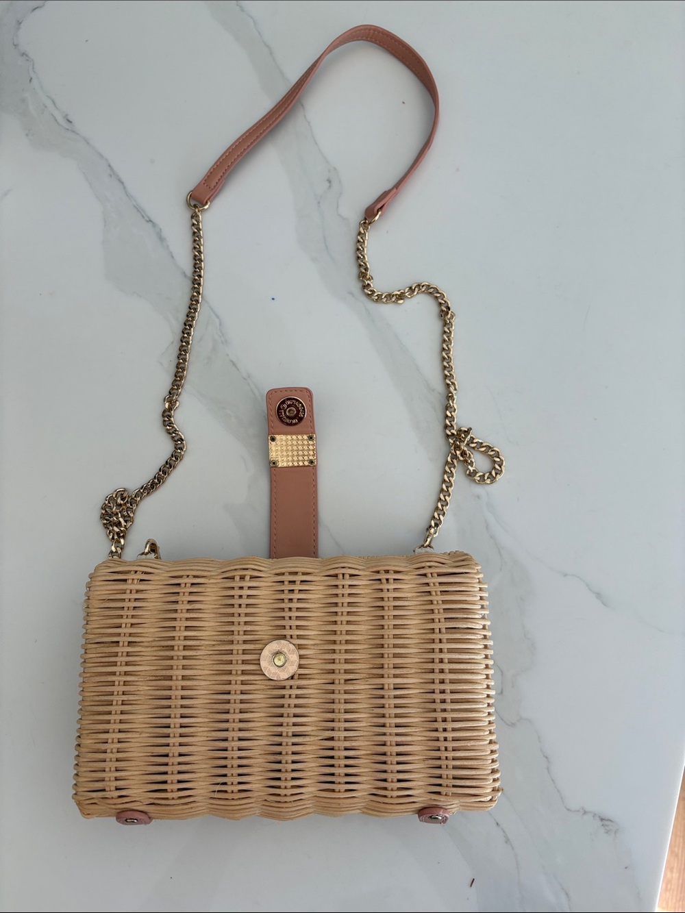 Woven Rattan Crossbody Bag with Gold Chain Strap - Tan